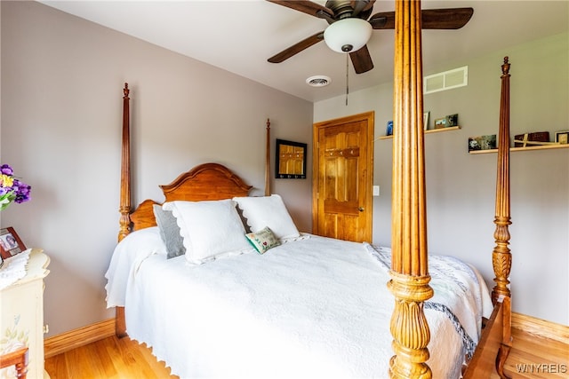 bedroom featuring ceiling fan and light wood-type flooring