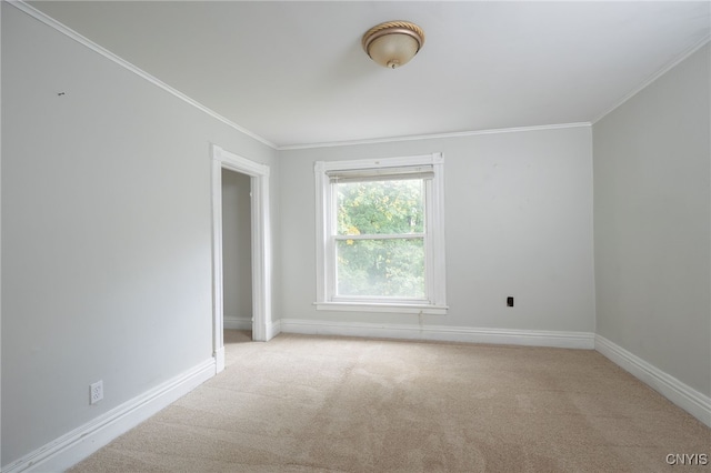 unfurnished room with baseboards, crown molding, and carpet flooring