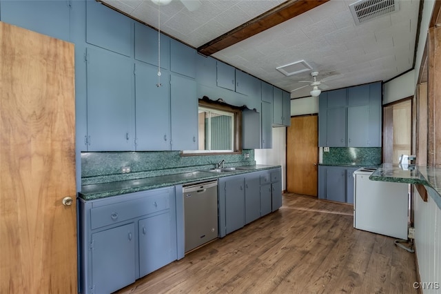 kitchen featuring blue cabinets, sink, light wood-type flooring, stainless steel dishwasher, and ceiling fan