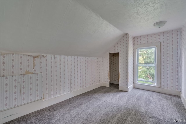 additional living space featuring a textured ceiling, carpet floors, and lofted ceiling