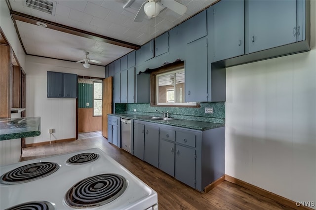 kitchen featuring ceiling fan, plenty of natural light, dark wood-type flooring, and dishwashing machine