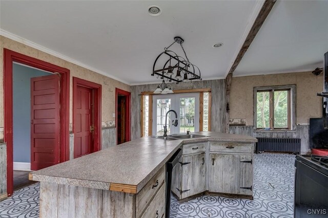 kitchen with dishwasher, sink, an island with sink, radiator, and light tile patterned floors