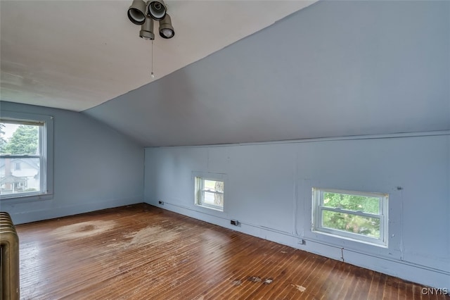 bonus room with plenty of natural light, lofted ceiling, and hardwood / wood-style floors