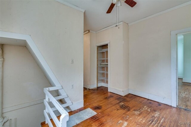 interior space with ceiling fan, ornamental molding, and wood-type flooring