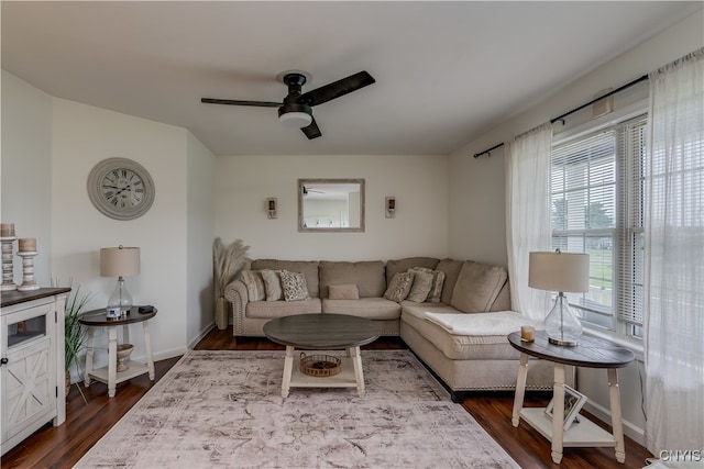 living room with ceiling fan and hardwood / wood-style flooring