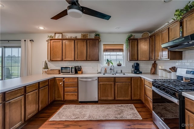 kitchen featuring ceiling fan, dark hardwood / wood-style floors, tasteful backsplash, appliances with stainless steel finishes, and sink