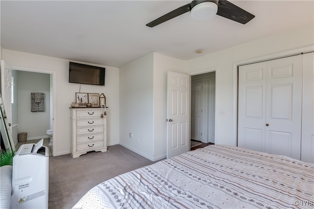 bedroom featuring ceiling fan, connected bathroom, a closet, and carpet flooring