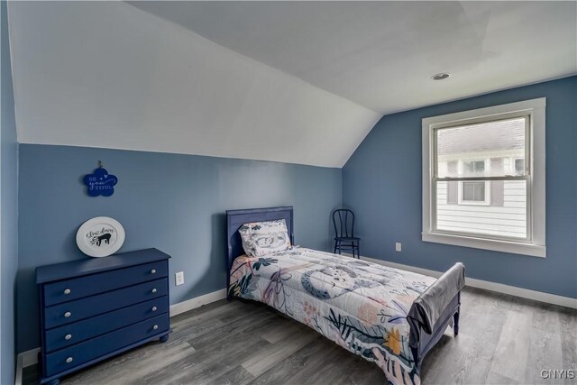 bedroom with hardwood / wood-style flooring and vaulted ceiling