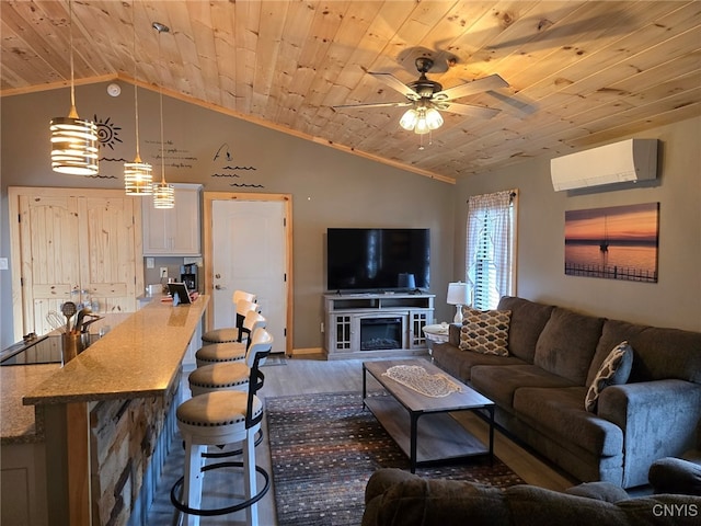 living room with vaulted ceiling, wooden ceiling, hardwood / wood-style floors, and ornamental molding