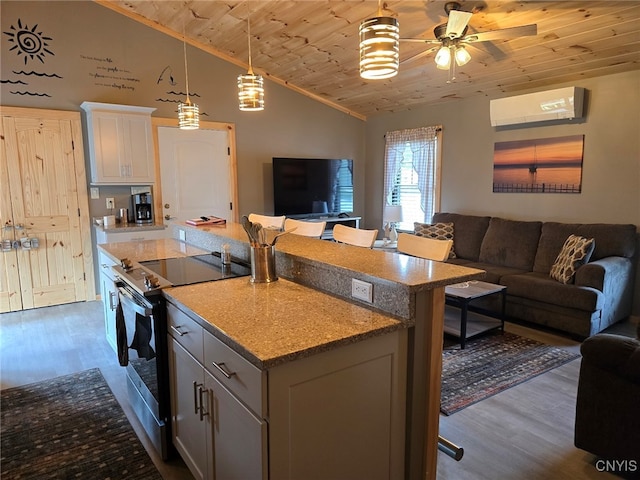 kitchen featuring decorative light fixtures, hardwood / wood-style floors, crown molding, stainless steel electric range oven, and wooden ceiling