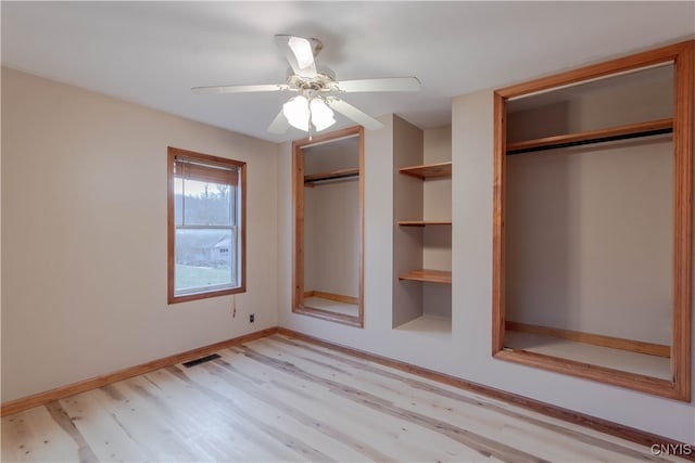 unfurnished bedroom with ceiling fan and light hardwood / wood-style floors