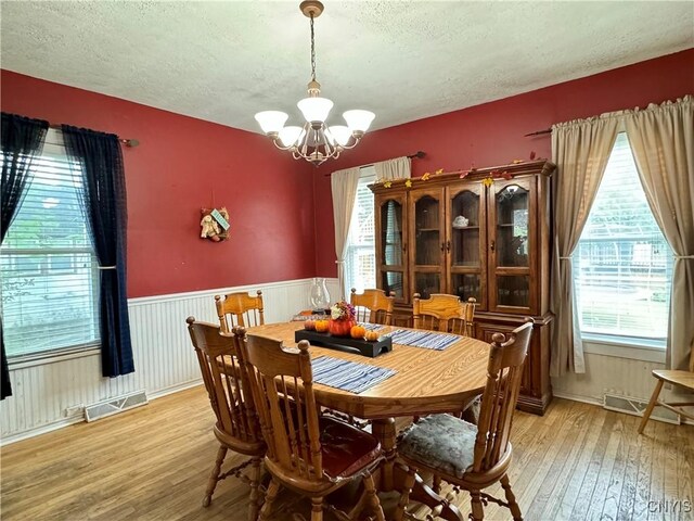 dining area with a wealth of natural light, light hardwood / wood-style floors, and a textured ceiling