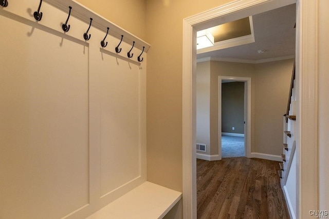 mudroom featuring ornamental molding and dark hardwood / wood-style floors