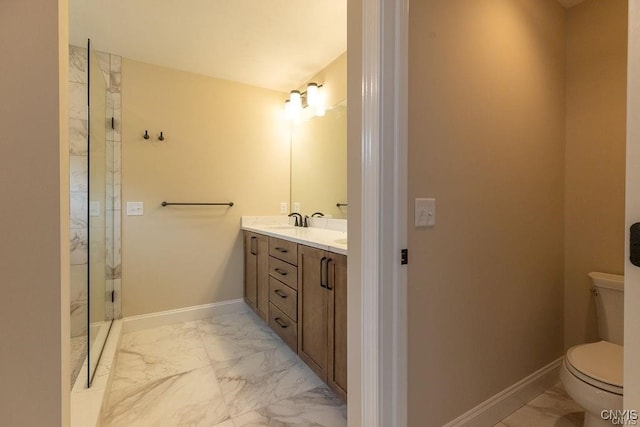 bathroom featuring toilet, an enclosed shower, tile patterned floors, and vanity