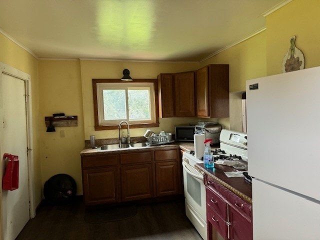 kitchen with sink, dark wood-type flooring, and white appliances