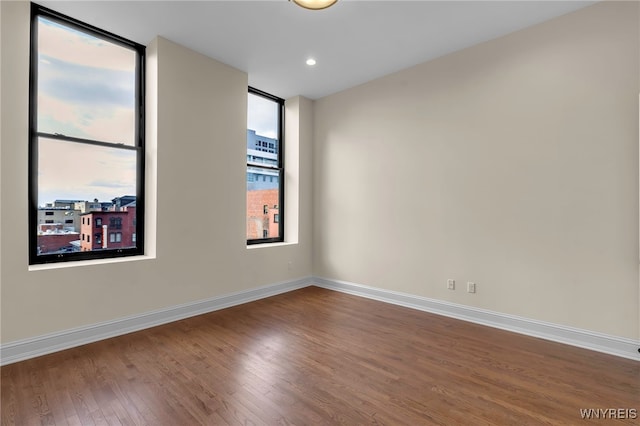 empty room featuring a wall of windows and wood-type flooring