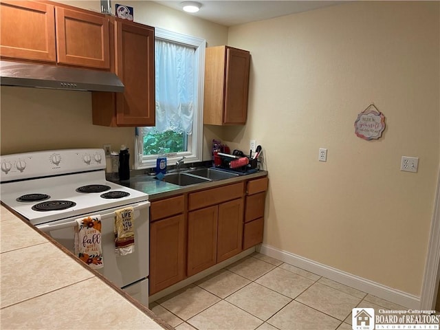 14 E Maple St N, Ellery, NY 14712 - kitchen featuring light tile patterned flooring, baseboards, white electric range oven, under cabinet range hood, and a sink