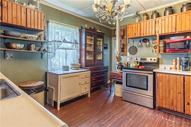 kitchen with dark hardwood / wood-style floors, ornamental molding, sink, a notable chandelier, and stainless steel electric range oven