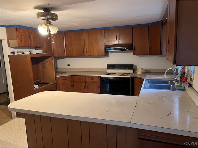 kitchen with sink, kitchen peninsula, white electric range oven, and ceiling fan