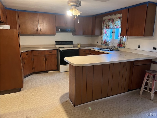 kitchen with sink, fridge, electric stove, kitchen peninsula, and range hood