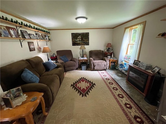 living room featuring crown molding