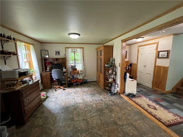 office with crown molding and wood walls