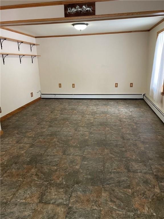 unfurnished room with a baseboard radiator, crown molding, and baseboards