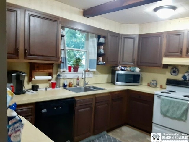 kitchen with dark brown cabinetry, extractor fan, dishwasher, sink, and white range oven