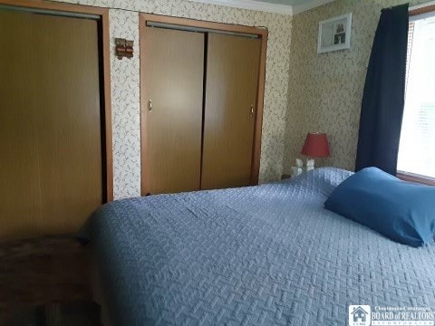 bedroom with two closets, crown molding, and multiple windows