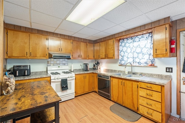 kitchen with a paneled ceiling, light hardwood / wood-style floors, sink, white range with gas cooktop, and black dishwasher