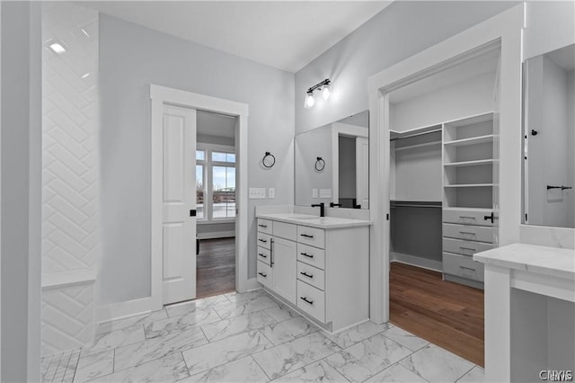 bathroom featuring vanity and wood-type flooring