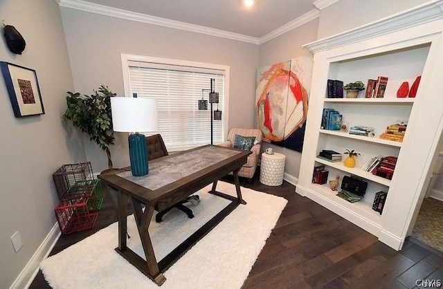 office area featuring crown molding and dark hardwood / wood-style floors