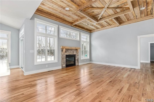 unfurnished living room with wood ceiling, a fireplace, and light hardwood / wood-style flooring