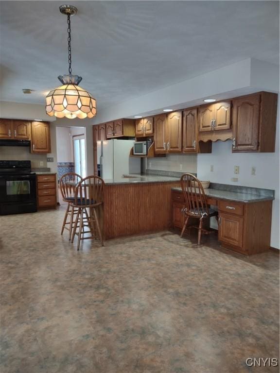 kitchen with built in desk, pendant lighting, black electric range oven, white refrigerator with ice dispenser, and kitchen peninsula