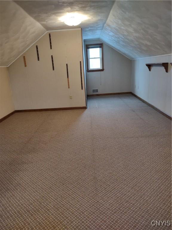 additional living space featuring vaulted ceiling and light colored carpet