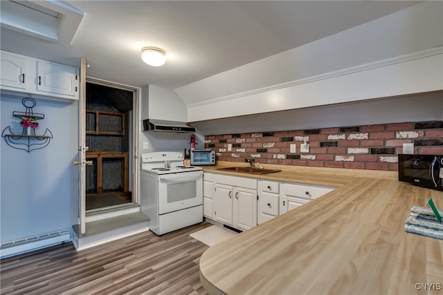 kitchen featuring hardwood / wood-style flooring, white electric range oven, white cabinets, vaulted ceiling, and sink