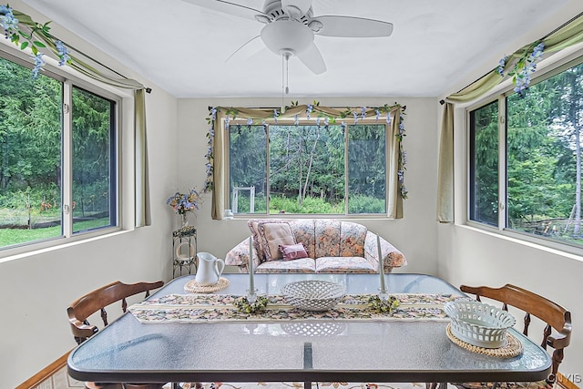 sunroom / solarium with ceiling fan and a wealth of natural light