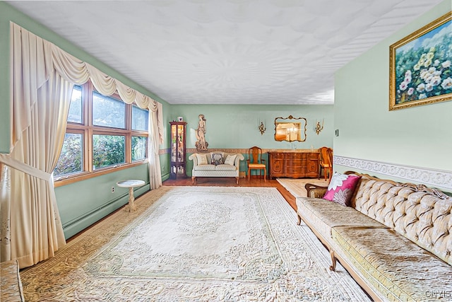 living room featuring hardwood / wood-style flooring and a baseboard heating unit