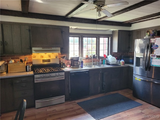 kitchen featuring ceiling fan, beam ceiling, sink, black appliances, and light hardwood / wood-style floors