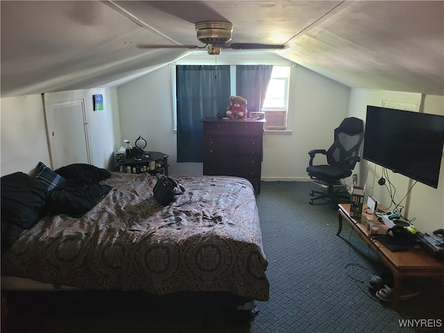 carpeted bedroom with lofted ceiling and ceiling fan