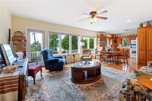 15043 State Route 54th Rd, Wayne, NY 14837 - living room featuring a ceiling fan, light wood-style floors, and recessed lighting