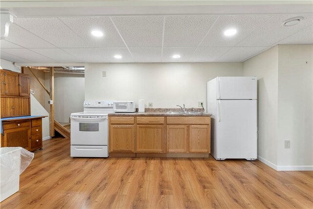 15043 State Route 54th Rd, Wayne, NY 14837 - kitchen with white appliances, a sink, baseboards, light wood-style flooring, and a drop ceiling