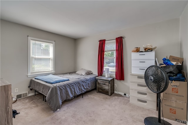 bedroom with light carpet