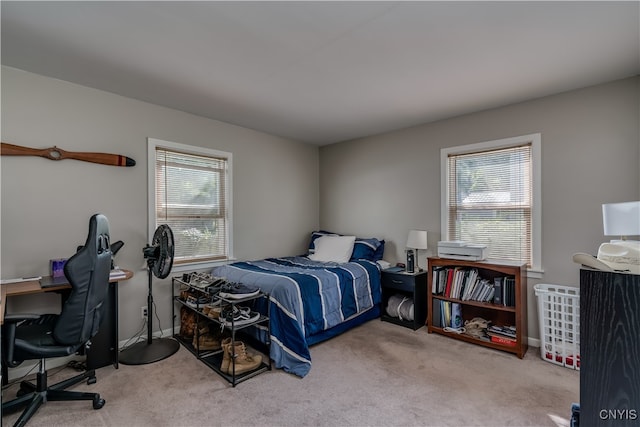 bedroom featuring multiple windows and light carpet