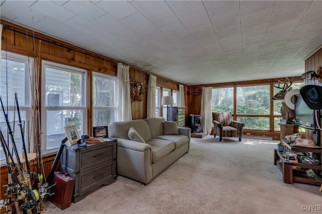 carpeted living room with wooden walls