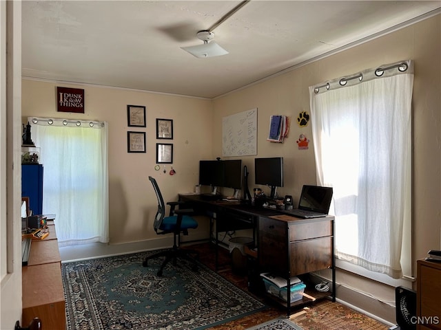 office featuring ceiling fan and hardwood / wood-style floors