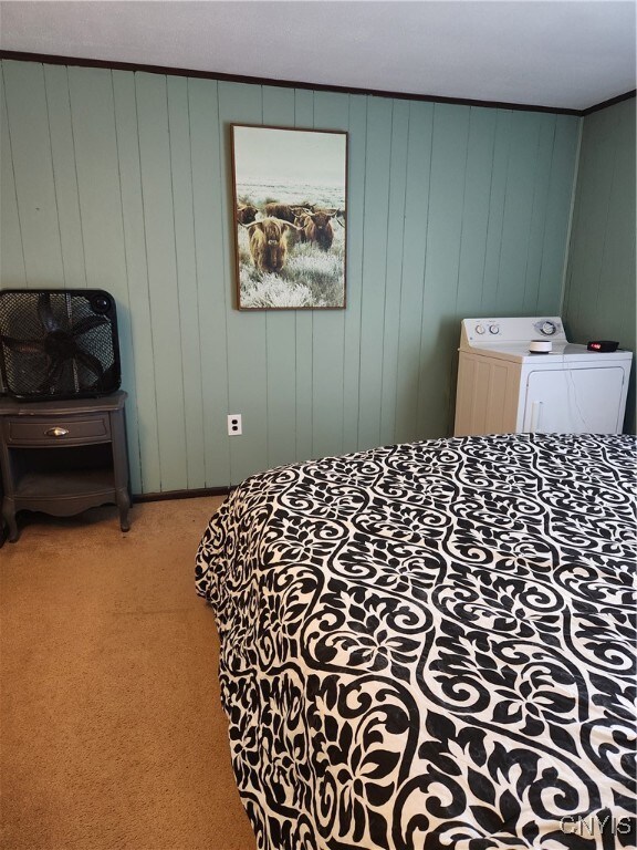 bedroom featuring carpet and separate washer and dryer