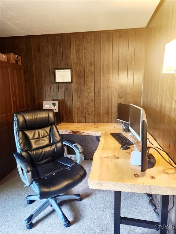 exercise room featuring carpet flooring and wooden walls