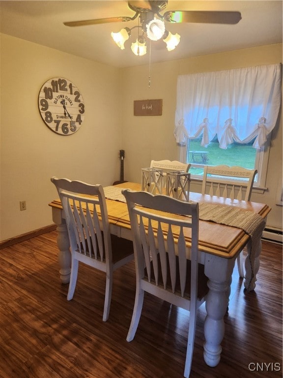 dining room with ceiling fan, hardwood / wood-style flooring, and a baseboard radiator