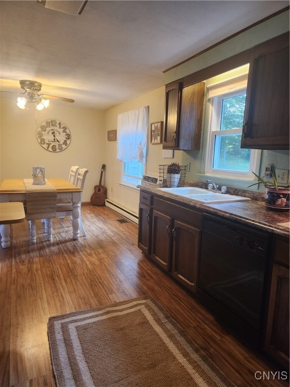 kitchen featuring ceiling fan, dark hardwood / wood-style flooring, sink, and dishwasher